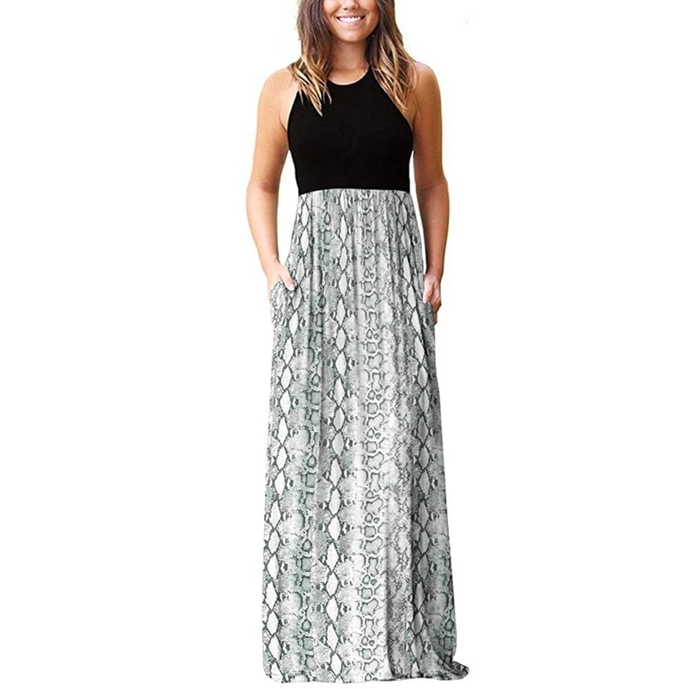 Black & Snake-Print Maxi Dress with Pockets